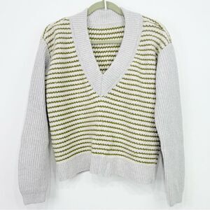 Brandless Gray Olive Striped V Neck Pullover Sweater
